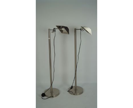 Two modern chrome floor lamps with shaped shades, height 116cm, and a boxed pendant light