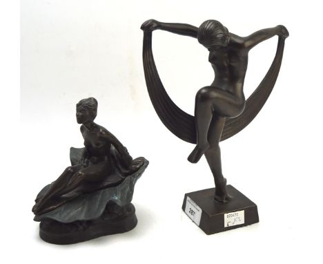 Two spelter figures, one depicting a Art Deco dancer with a scarf, the other of a girl seated on a leaf, heights 24.5cm and 1