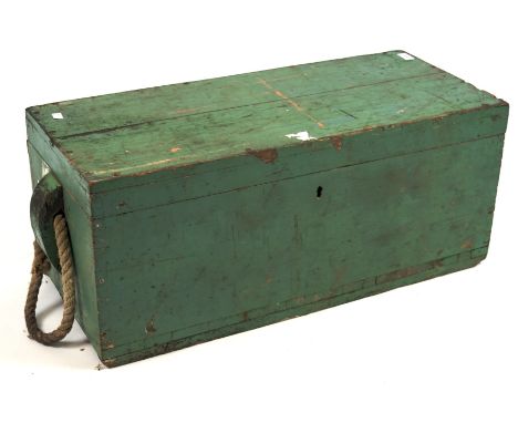 A vintage wooden toolbox with a fitted interior, the exterior painted green with handles to either side, 34cm x 90cm x 38cm