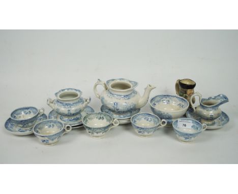 A late 19th century transfer printed blue and white Staffordshire style tea set, including tea pot, cups, saucers and sugar b