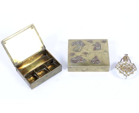 Two brass boxes, one being Japanese, the other a stamp box, together with a gilt mounted snuff bottle