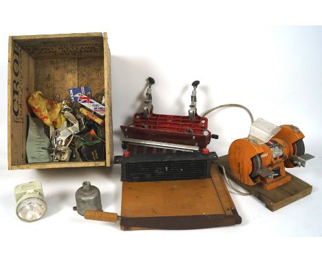 A Kef Motor bench grinder, a desk guillotine, and other items