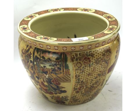 A 20th century Chinese ceramic fishbowl in Japanese Satsuma style, highly decorated and gilt with fish to the inside and figu