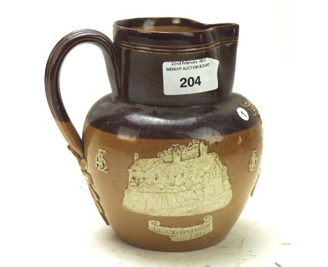 A Royal Doulton Shakespeare commemorative jug, the salt glazed stoneware with applied design featuring a portrait of the indi