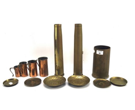 Assorted brassware, to include three WWII era ammunition shell cases, the largest measuring 31cm high, graduated set of four 