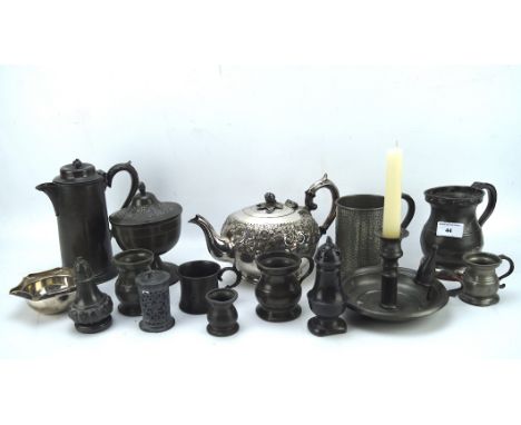 A selection of silver plated wares and pewter, including tankards, a candlestick, shakers, coffee pot, teapot and more