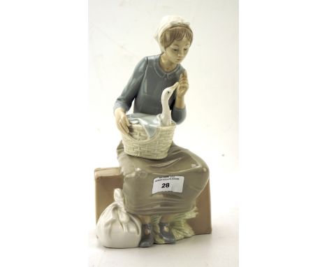 A Nao figure of a seated woman, the figure holding a basket containing a duck, stamped to base, height 28cm