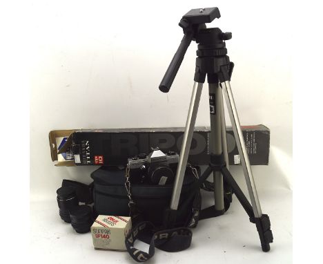 A Praktica camera and lens with a Miranda tripod, the camera model MTL5, in a fitted bag, the tripod in the original box