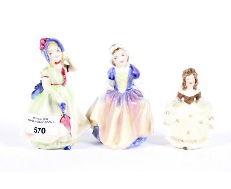 Two Royal Doulton ceramic figures of ladies and a similar figure, the two Doulton examples named 'Dinky Do' and 'Babie'