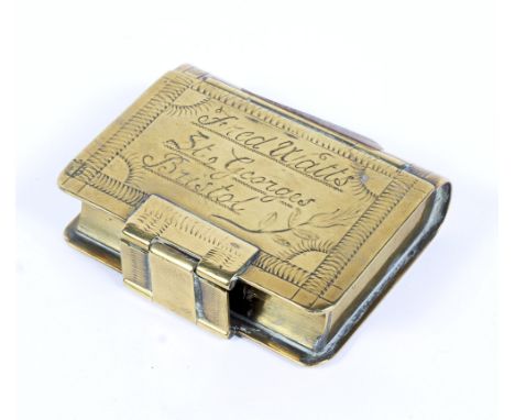 A 19th century brass snuff box in the form of a book, with engraving to front reading 'Fred Watts, St Georges, Bristol', 7cm 