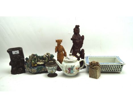 A group of 19th and 20th century Chinese ceramic, stone and wood artworks including a famille rose teapot, height 13.5cm, (AF