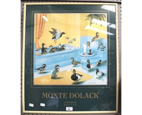 Monte Dolack, a 1980s novelty print depicting ducks in a bathroom, titled Suburban Refuge, 64cm x 54cm, framed and glazed
