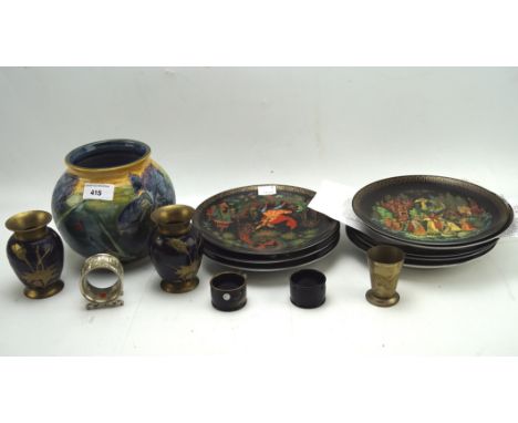 Assorted wares, to include a pair of Indian brass vases, ceramic vase signed to base Katherin Lloyd, Russian plates and more