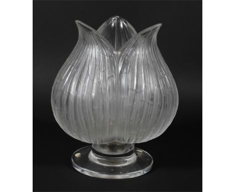 A Lalique bud-shaped candle holder, etched Lalique R/France marks, frosted, of ribbed petal shaped form, on clear spreading f