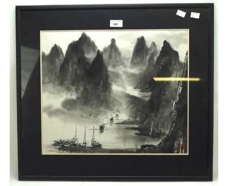 A contemporary black and white print, depicting a Chinese scene of lake and mountainous landscape, 37.5cm x 45cm, framed and 