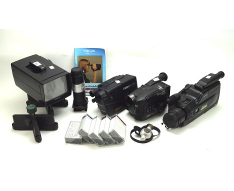 A collection of video cameras and related items, to include a Sharp zoom 8 and JVC 18x compact VHS