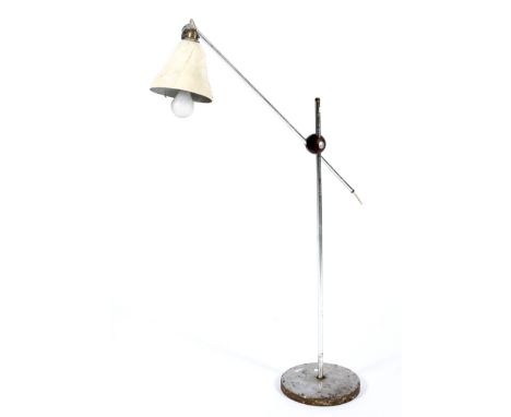 A retro aluminium Scandinavian adjustable floor lamp on circular base with enamel shade, height 126cm