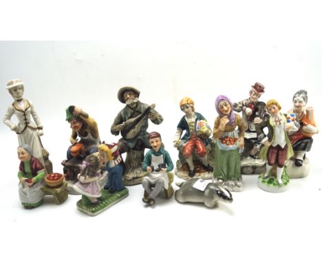 A collection of ceramic figures, each depicting people in traditional dress, also including a USSR figure of a Badger