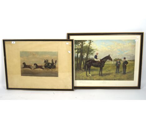 Two 20th century sporting prints, one coloured print titled 'All Right' depicting figures riding in a coach, 52cm x 72cm, the