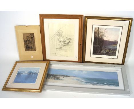 Five pictures and prints, including a seascape signed 'Anthony Walter, a print of a pencil sketch of Winnie The Pooh, a print