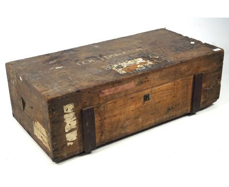 A late 19th century wooden trunk marked Pemberton Chartered Bank, with remains of paper labels marked ICM Pemberton, 30cm x 9