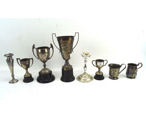 A variety of silver plated ware, including animal related trophies, a candlestick, an oriental vase and two mugs, some with e