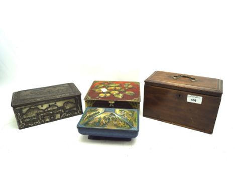 A wooden tea caddy and three metal boxes, the mahogany tea caddy with a metal handle to the top, width 21cm, two of the boxes