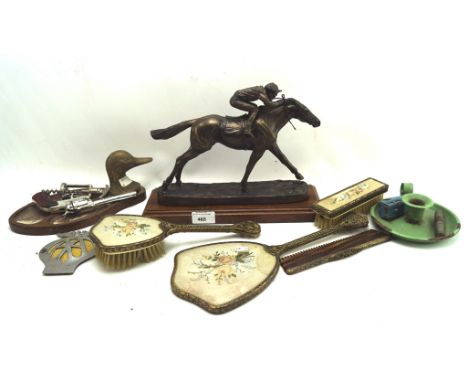A resin model of a horse and box of collectables, including a dressing table set with embroidered decoration, an ash tray mod