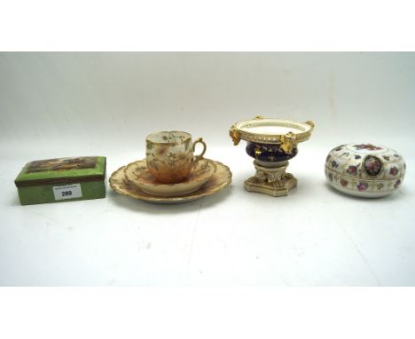 Assorted ceramics including a Dresden box decorated to the lid with a hunting scene, 5cm x 12cm x 8.5cm, a German Erdmann Sch