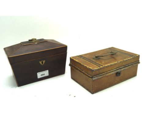 A 19th century mahogany veneer tea caddy and a metal money tin, the first of sarcophagus form with inlaid edging, 13cm x 19cm