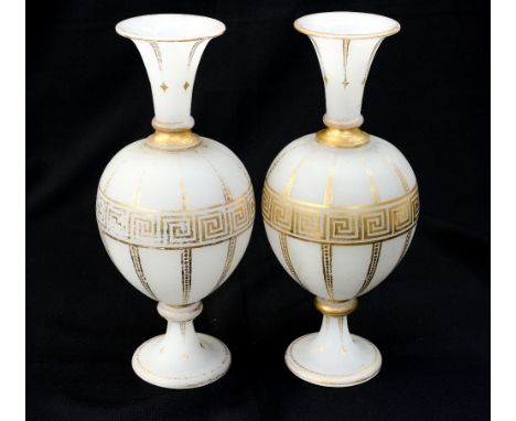 A pair of hand made early Victorian frosted glass bulbous vases, enamelled in gold with Egyptian key pattern, the bulbous cen