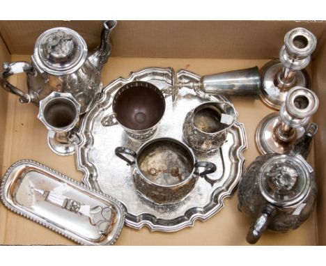 A collection of silver plate items including salver, teapot, cup, candlestick, candle snuffers, etc.