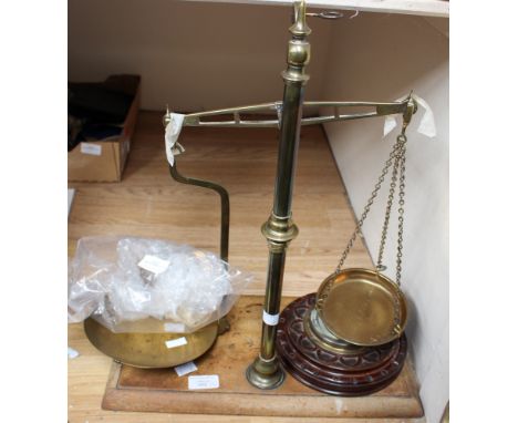 A set of brass scales by Day & Millward, circa 1900, Avery lever, together with an EPNS cruet and a barometer. (3)
