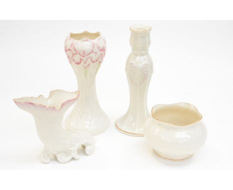Four Belleek boxed ornaments to include vases, candlestick. (4)