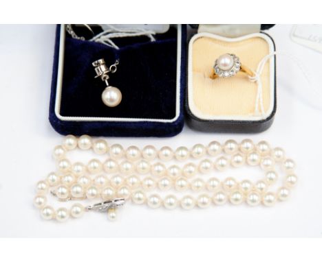 A string of cultured pearls with silver clasp, a cultured pearl tie tack and chain, an 18ct gold and platinum diamond and cul
