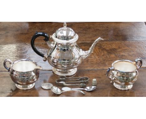 A Mappin & Webb silver plated three piece tea service, together with a group of silver plated flatware.