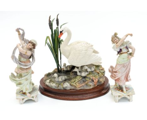 A Border Fine Arts swan on separate base, two continental ceramic figurines of classical ladies