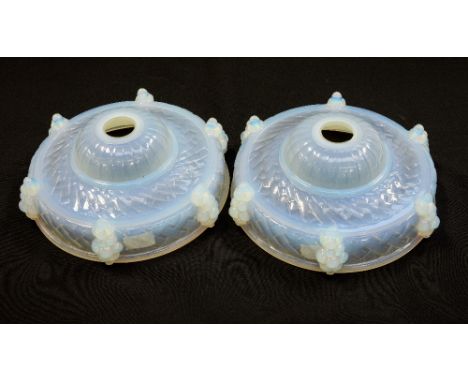 Ezan, a pair of Art Deco opaline glass light shades, of circular form, moulded with bunches of grapes on a basket weave groun
