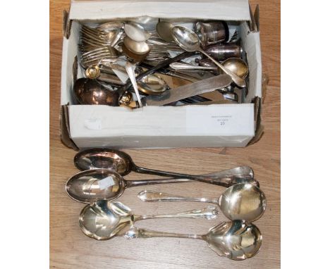 A part canteen of Old English and Hanoverian flatware and knives, including basting spoons, ladle, etc.