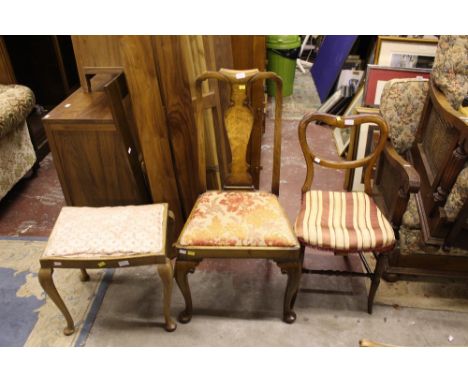 A Queen Anne style side chair, a Victorian balloon back chair and a piano stool, (3)