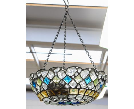 A circa 1920's hanging coloured glass leaded lamp shade with chain.