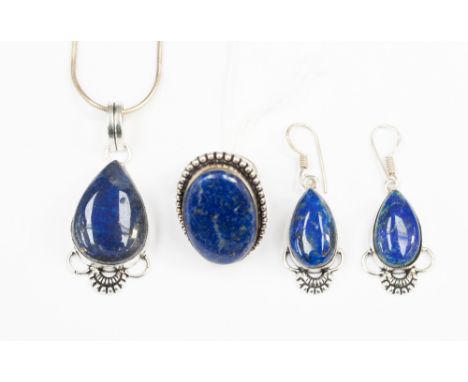 A Lapis Lazuli and Sterling silver jewellery suite, comprising pendant necklace, a pair of matching earrings and a matching s