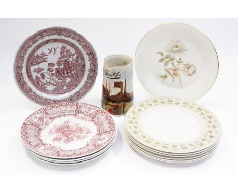 A Bass water jug with transfer print of the Brewery in Burton on Trent, together with Spode plates and Royal Doulton plates (