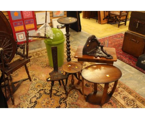 An oak torchere, a small tripod table, an oak hall stool, an Art Deco two-tier oak occasional table, an oak wall bracket and 