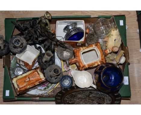 A box of assorted ceramics and glass, including cottage ware, various cabinet plates, glass goblet, glass vases, jug, metalwa