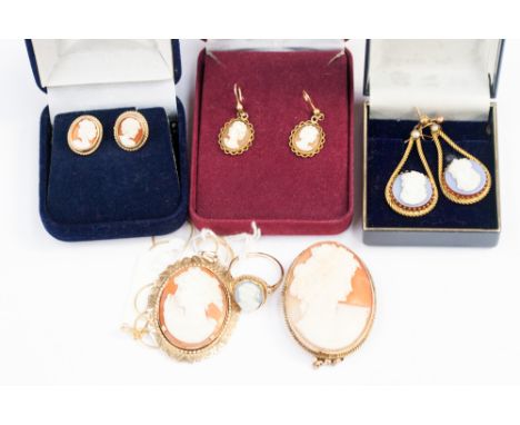 Two 9ct mounted cameo brooches, three pairs of cameo earrings and a ring.