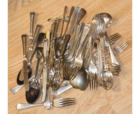 Six filled silver handled side knives, Sheffield 1915/16, early 19th Century fork, dessert spoons, soup spoons, dessert forks