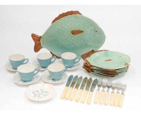A set of Shorter fish plates and serving dish in the form of fish, together with Midwinter tea cups and saucers and fish eate