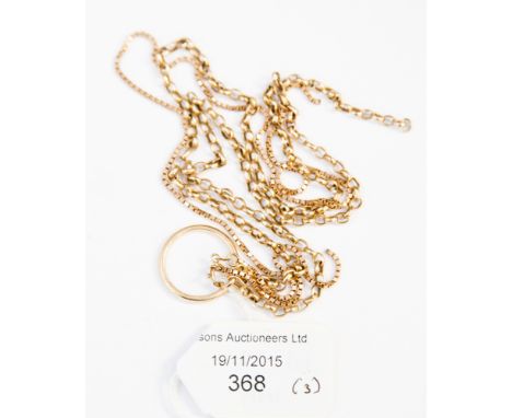 A 9ct gold ring and two 9ct gold chains, 9.7 grams approximately.