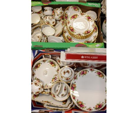 Four boxes of Royal Albert 'Old Country Roses' to include dinner wares, tea wares, trinkets, table lamp, vases, flat ware, ta